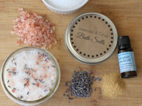 bath salts in mason jar with himalayan salt, lavendar and lemongrass oil
