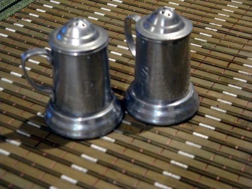 Vintage Miniature Pewter Glass Bottom Beer Stein Salt and Pepper Shakers - Grand Macnish Scotch